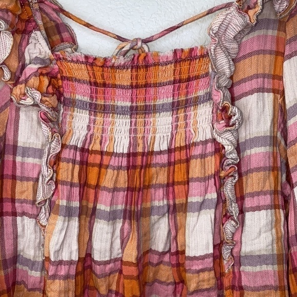 Free People Long Sleeve Natural Plaid Ruffle Square Neck Top Size M - Picture 5 of 10